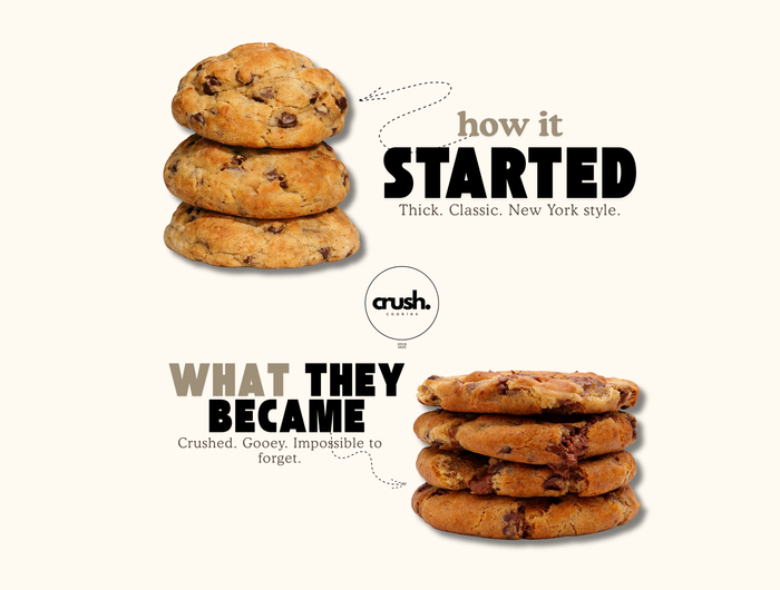 <h5><span style="text-decoration:underline">THE STORY BEHIND </span><span style="text-decoration:underline"><strong>crush.cookies</strong></span></h5><h2>STARTED BY MISTAKE.</h2><p><em>I was always chasing the perfect chunky cookie — gooey, rich, loaded with chocolate. But at home, there was a catch: my husband preferred them a little different.</em></p><p><em>So one day, on a whim, I pressed a few down fresh out of the oven…</em></p><p><em><strong>And that's where everything changed.</strong></em></p><p><br/>                             </p>